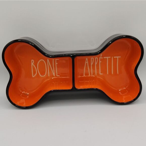 Rae Dunn BONE APPETIT black and orange bone shape Halloween dog dish - Picture 1 of 4